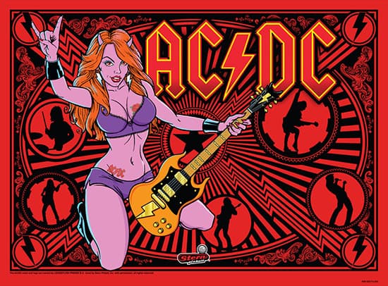 AC/DC rock poster with guitarist and lightning bolt logo