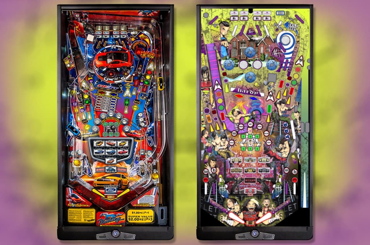 Two colorful pinball machine playfields with intricate designs and layouts