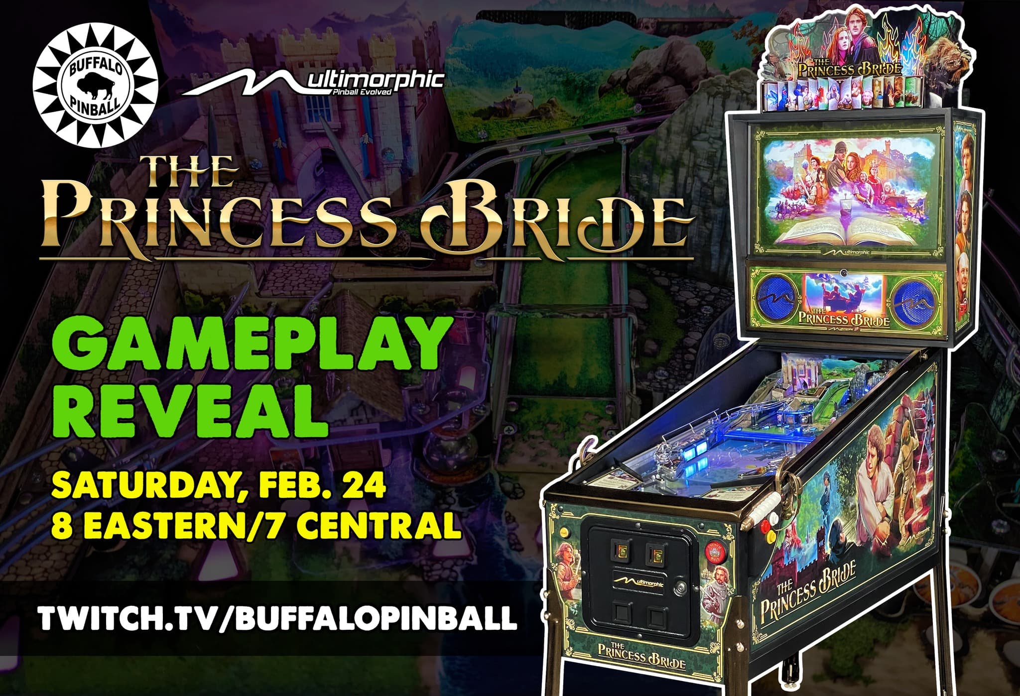 Princess Bride pinball machine gameplay reveal poster with event details