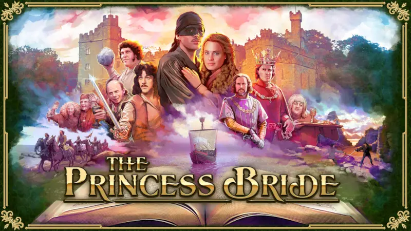 The Princess Bride movie poster with iconic characters in fantasy landscape