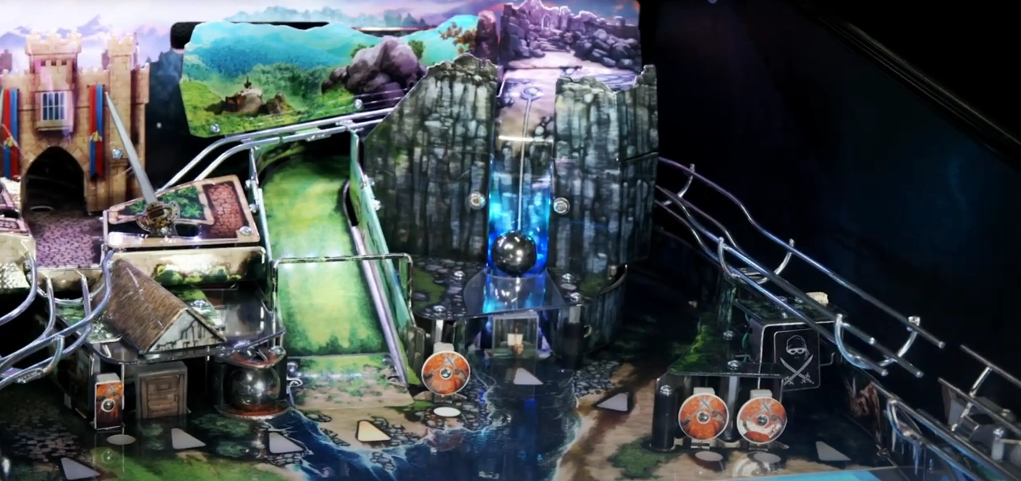 Fantasy landscape with castle, magical structures, and interconnected surreal environments