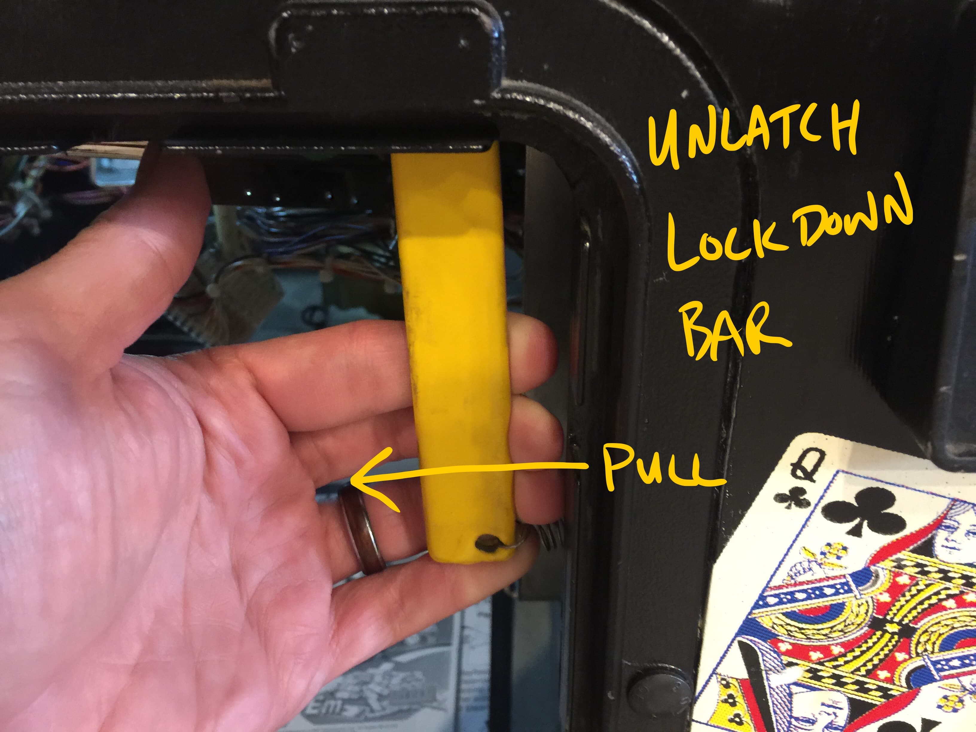 Yellow bar with instructions to pull and unlatch lock mechanism