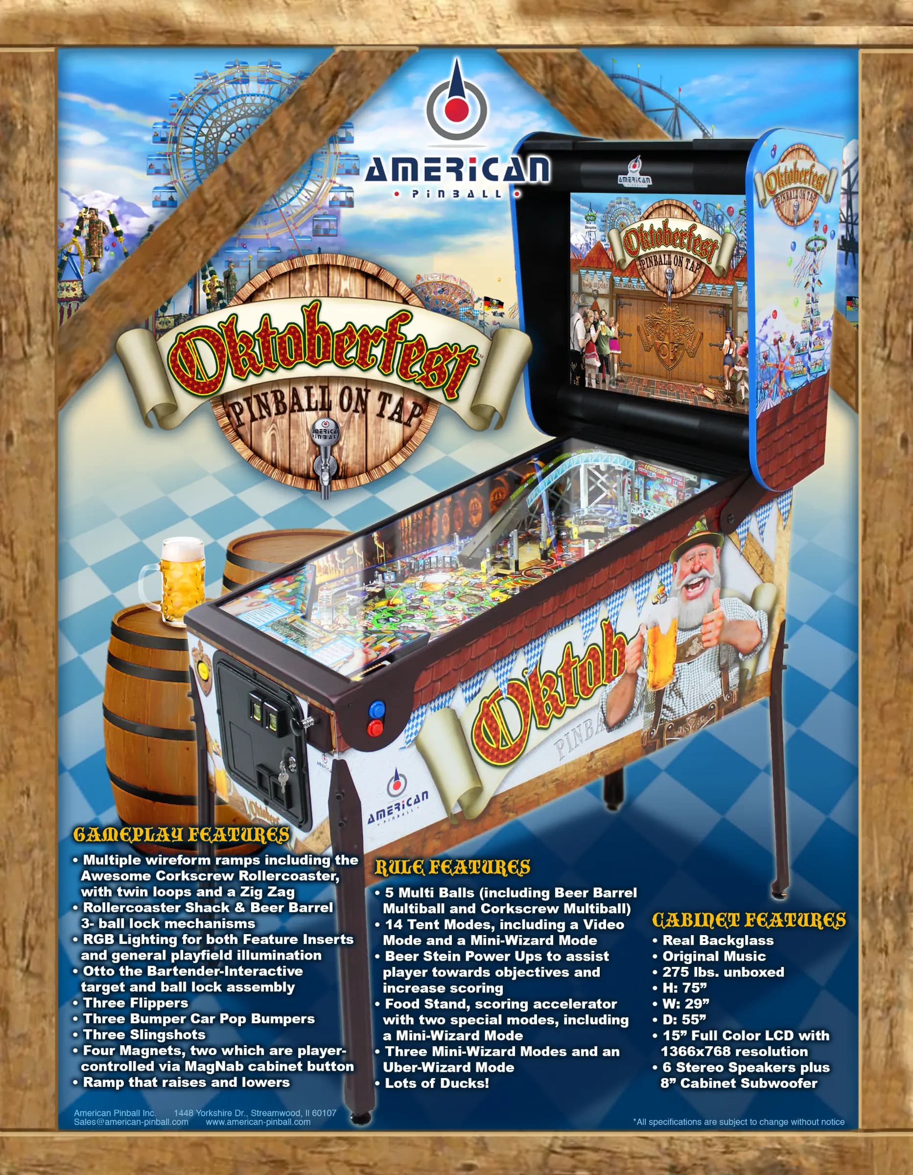 Oktoberfest-themed pinball machine with beer barrel and Ferris wheel