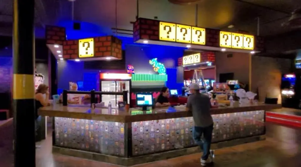 Image of the bar at Tilt with Neon Super Mario Bros. lights