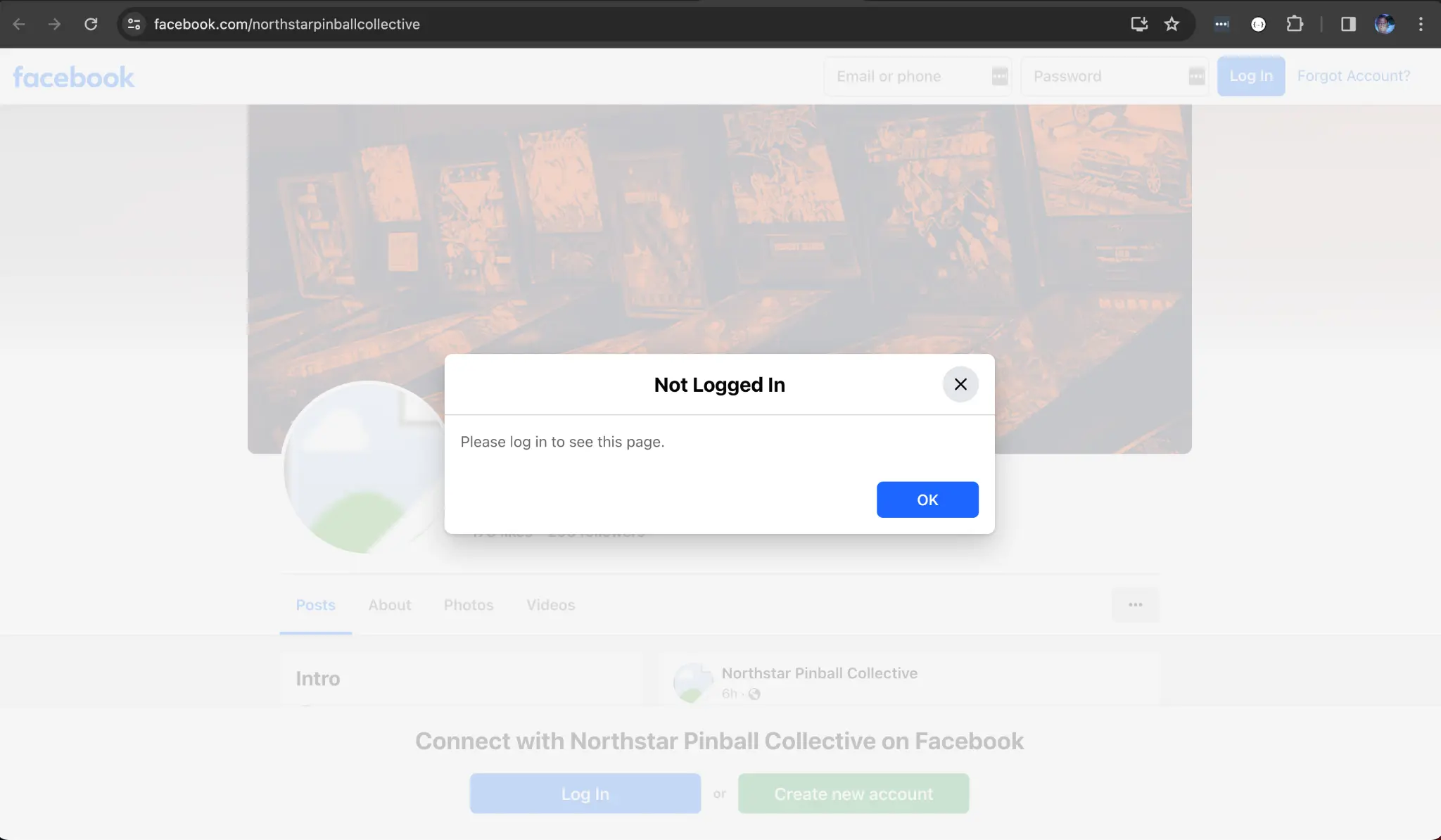 Facebook login page for Northstar Pinball Collective page