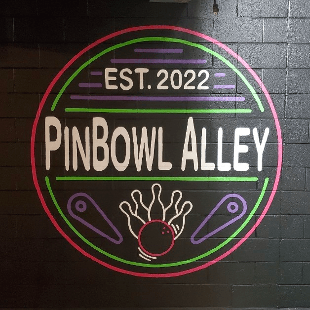 Colorful neon sign for Pinbowl Alley established in 2022