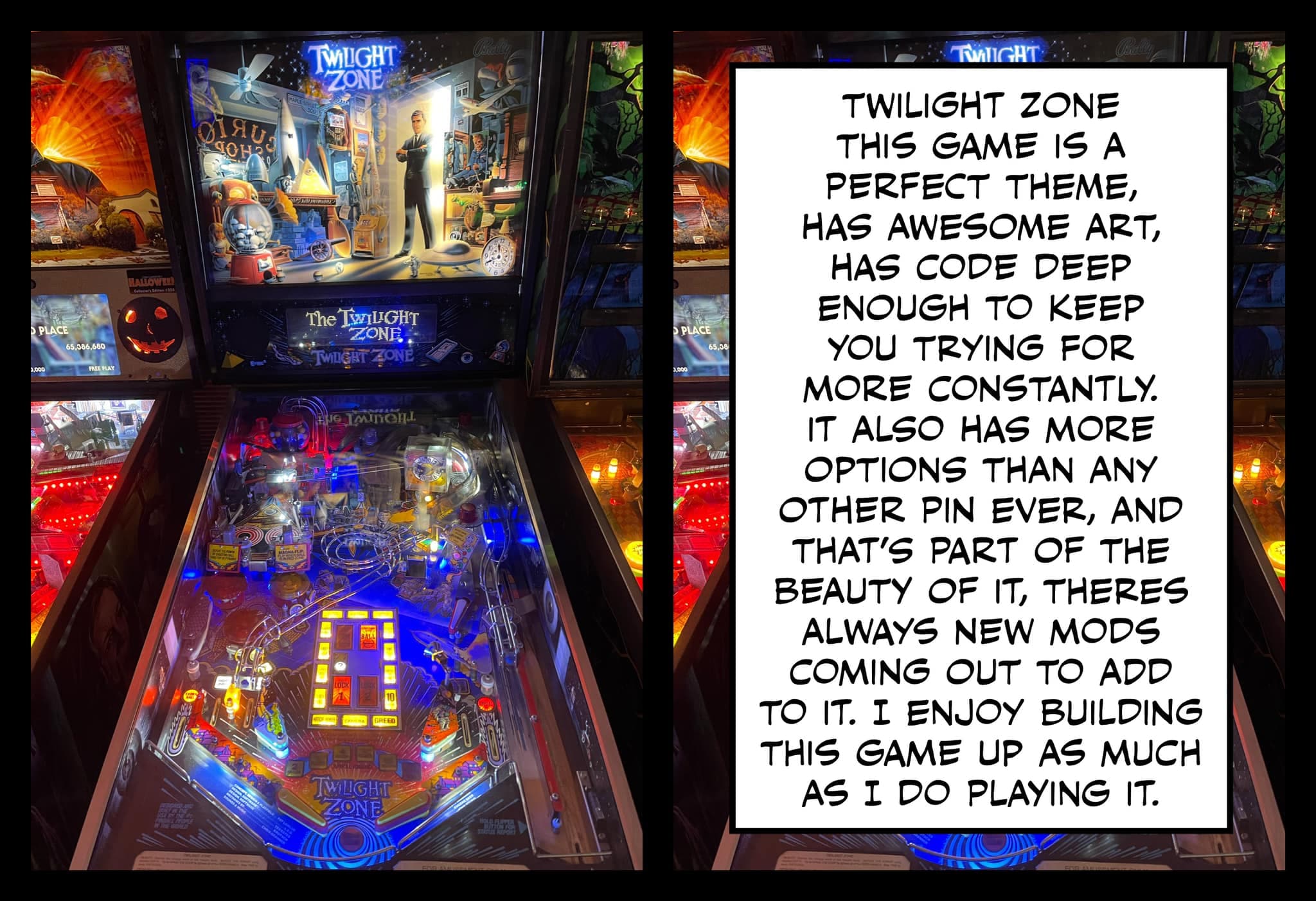 Twilight Zone pinball machine with colorful playfield and illuminated artwork