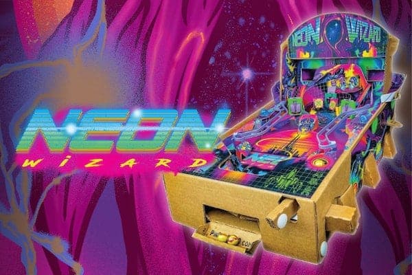 Vibrant neon pinball machine with retro arcade game called Neon Wizard
