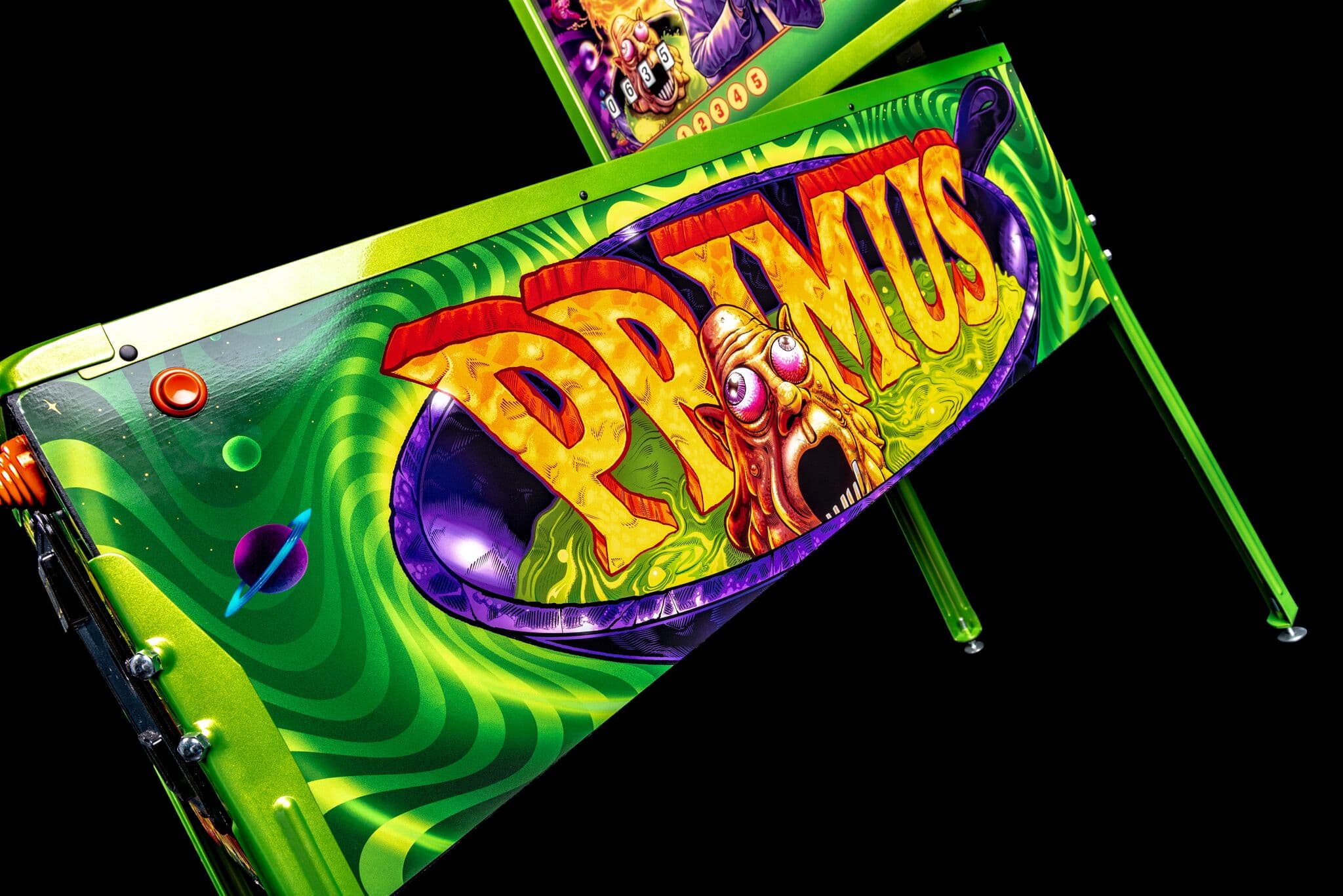 Colorful Primus pinball machine with psychedelic green and yellow design
