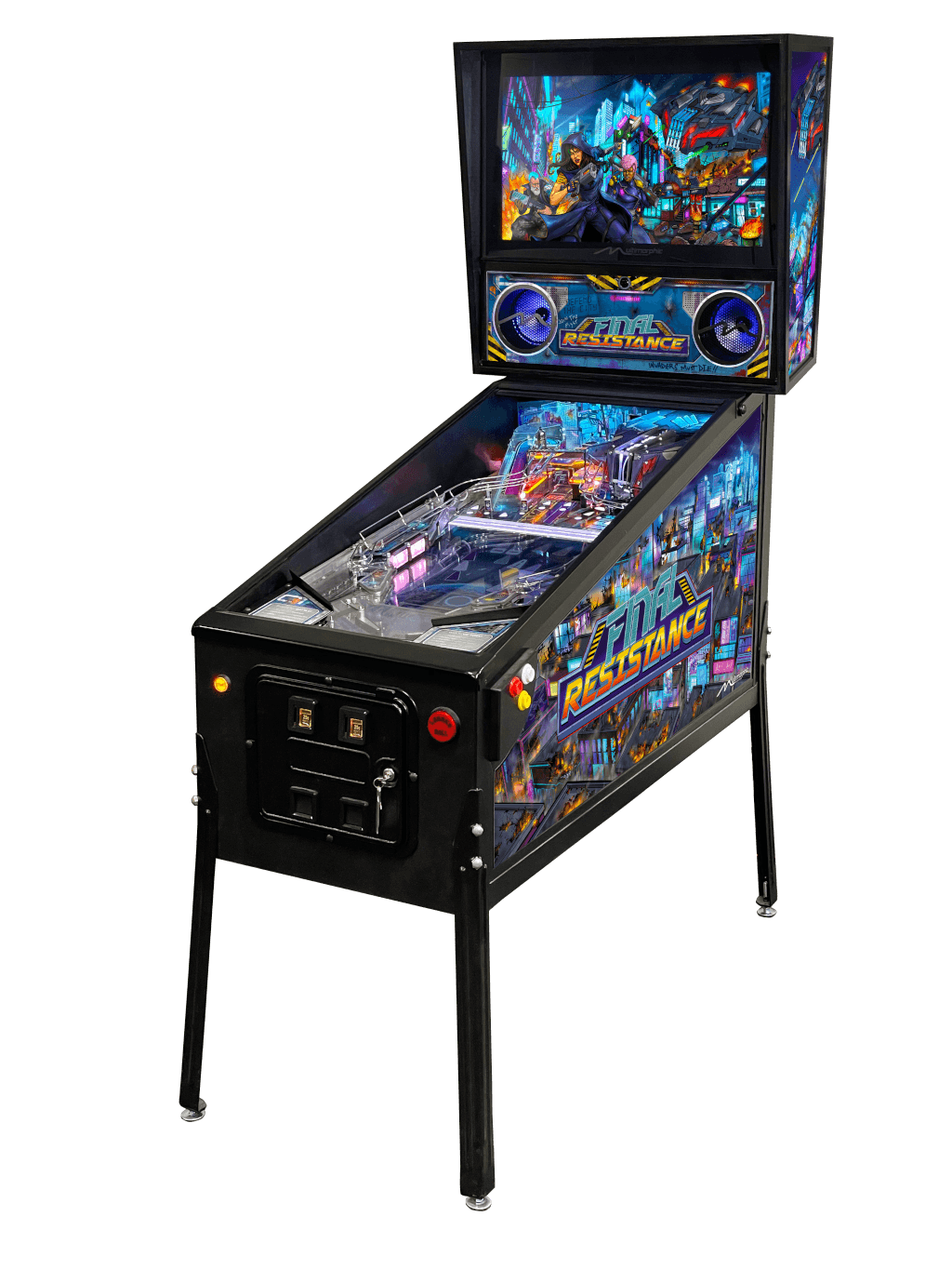 Final Resistance pinball machine with cyberpunk-style artwork and colorful display