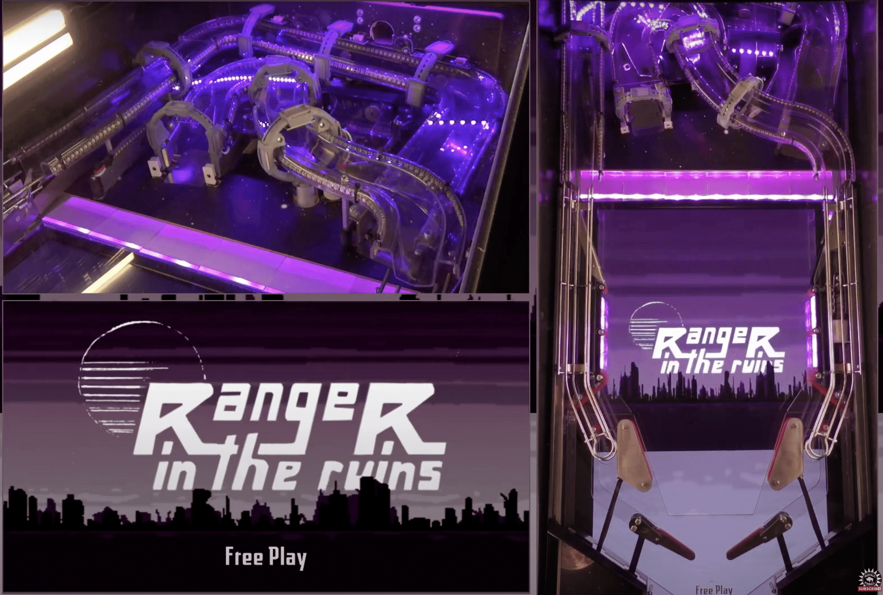 Ranger in the Ruins pinball machine with purple neon lighting and cityscape