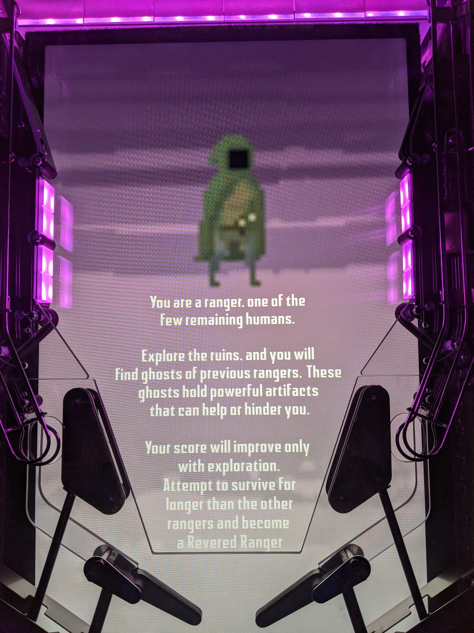 Pixelated ranger character with game instructions in purple-lit sci-fi setting