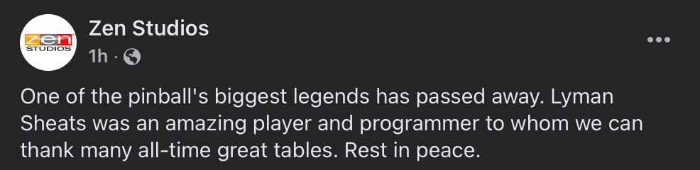 Zen Studios post remembering legendary pinball player and programmer Lyman Sheats