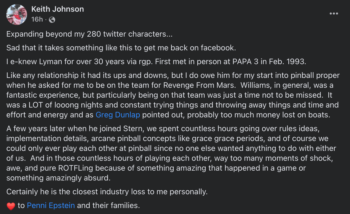 Facebook post remembering a longtime friend and pinball industry colleague