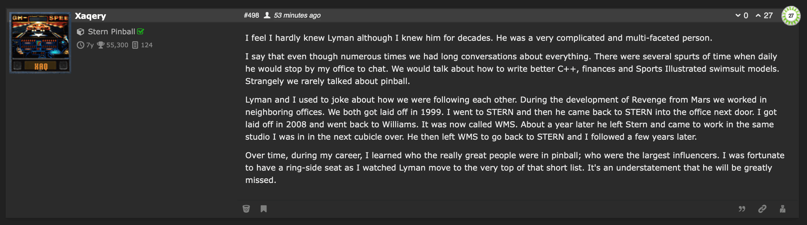 Stern Pinball game screen with player profile showing score and game details