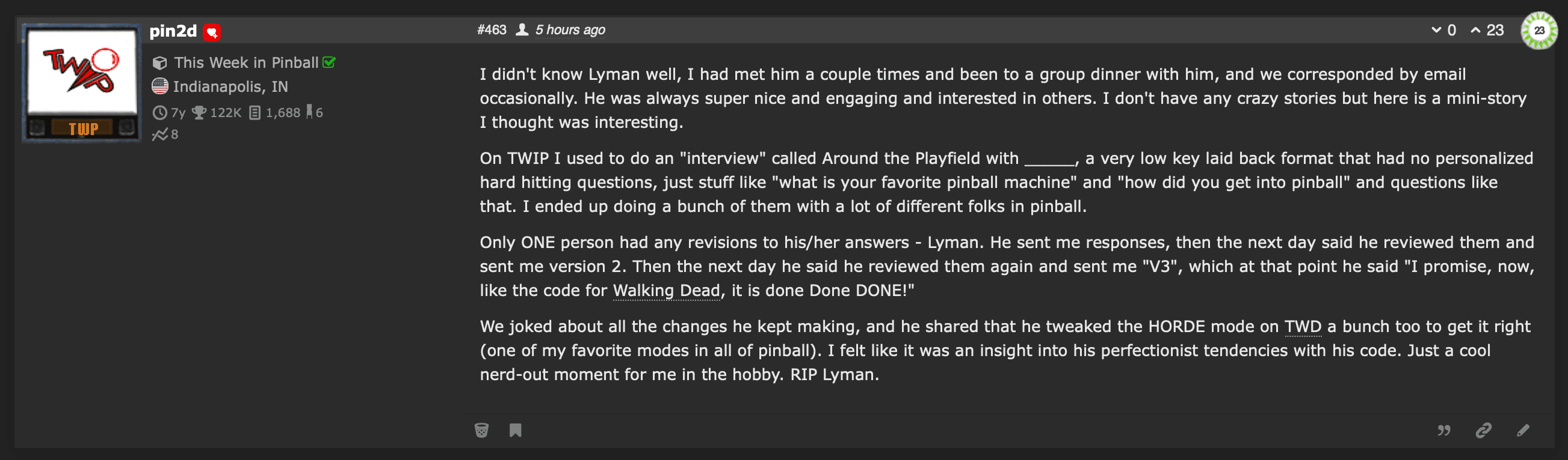 Forum post about Lyman and pinball, remembering a colleague's passion
