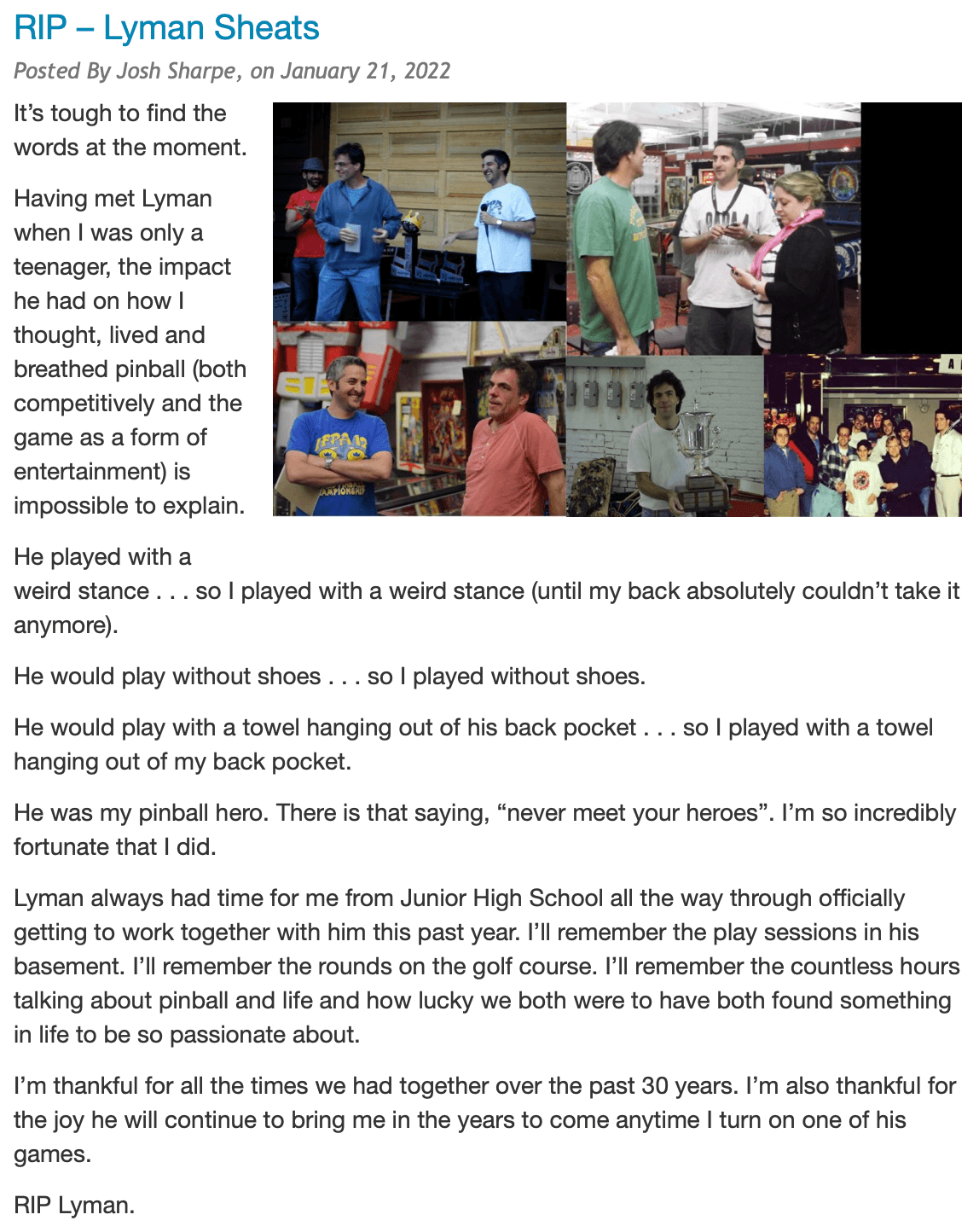 Collage of photos remembering Lyman Sheats, a legendary pinball enthusiast