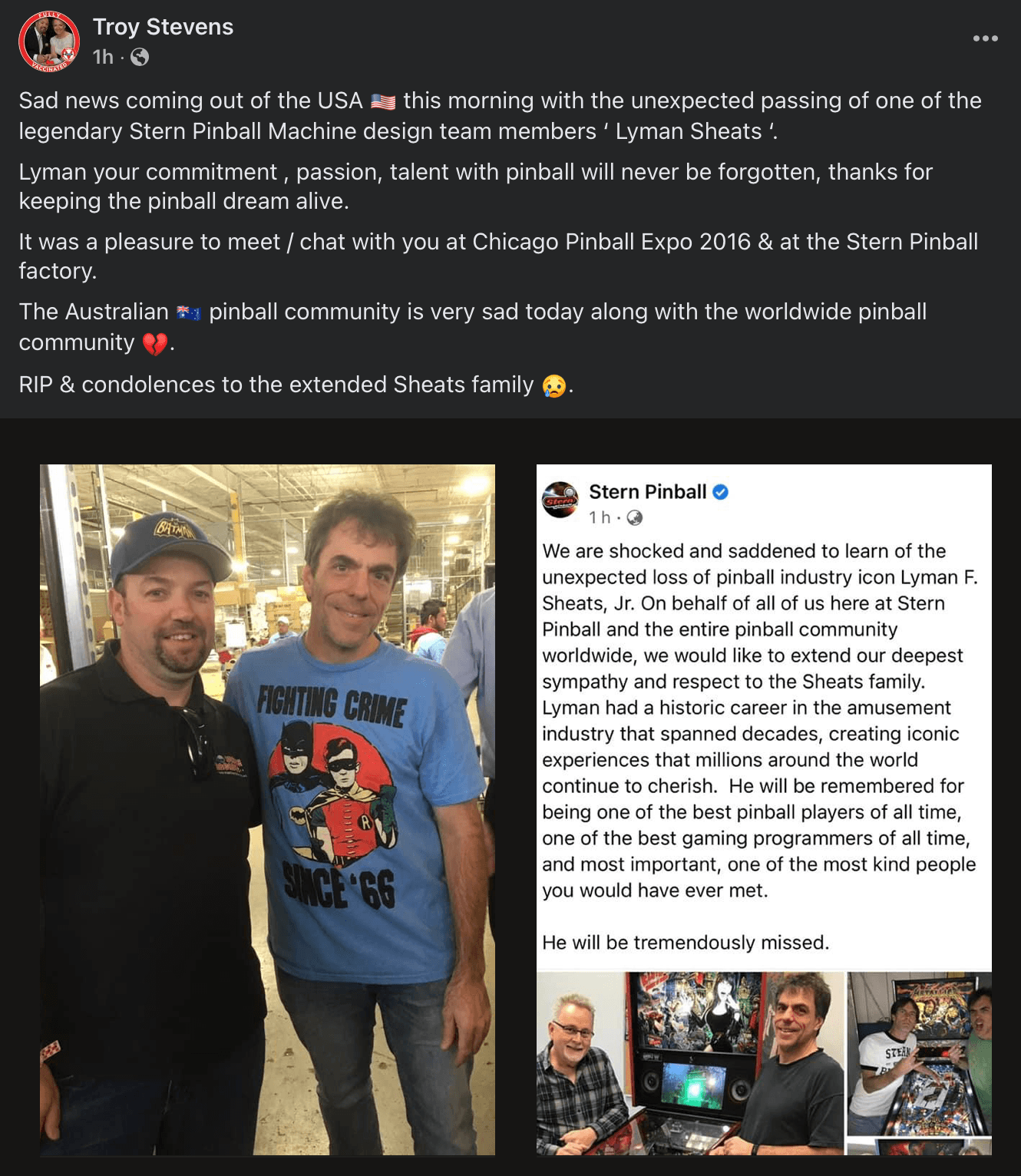 Two men in warehouse, one wearing Batman-themed Fighting Crime shirt