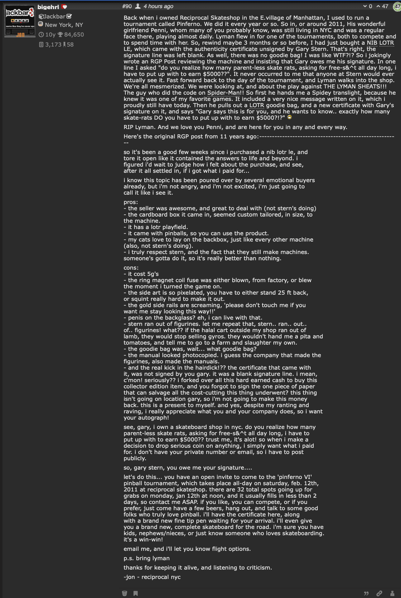 Long text post about skateboarding, pinball, and a skateshop in Manhattan