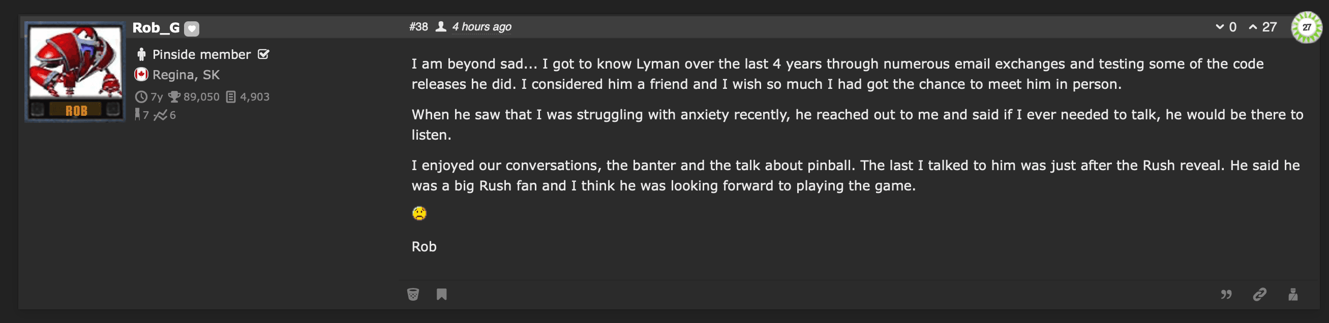 Profile of Rob G with a forum post about his friend Lyman