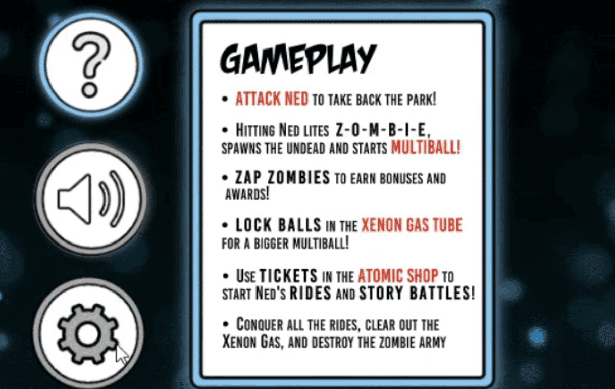 Gameplay instructions for a zombie-themed pinball game with multiple objectives