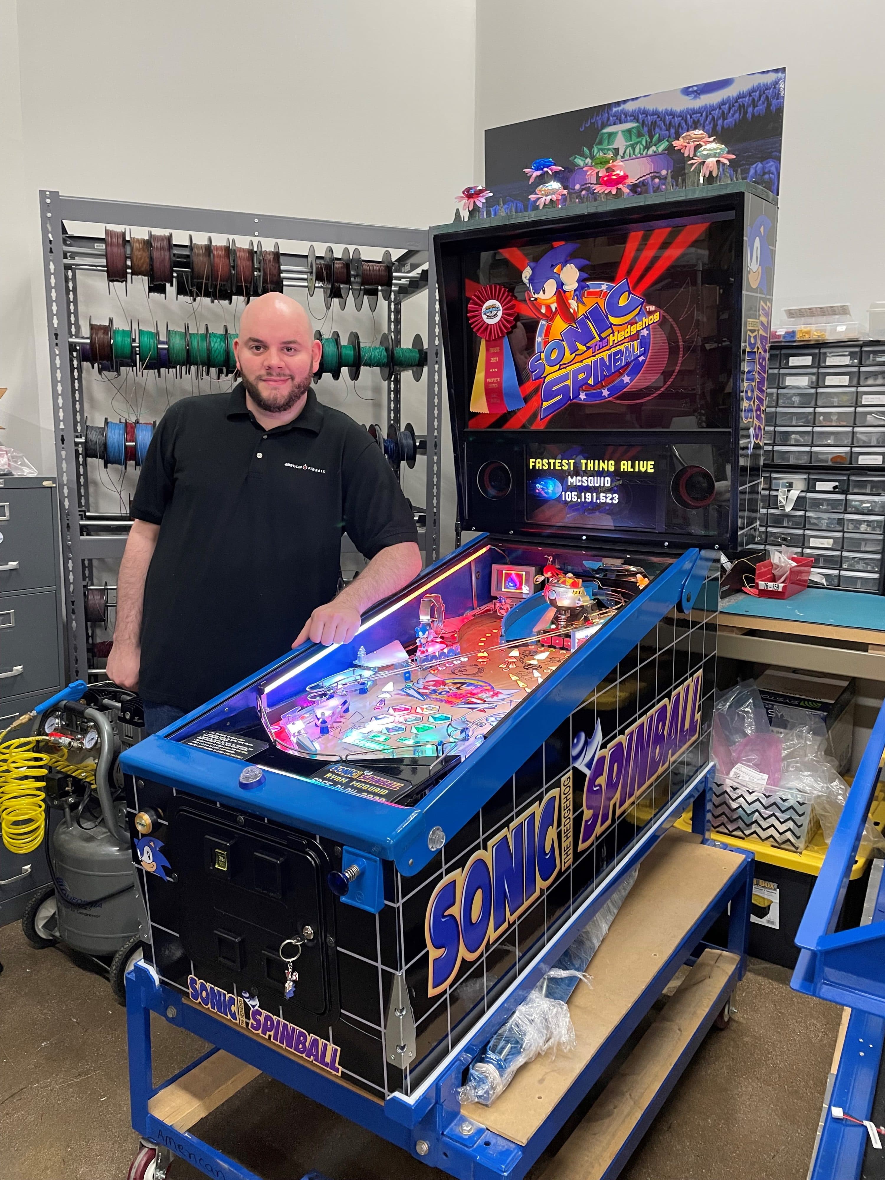 Sonic Spinball pinball machine with colorful playfield and display screen