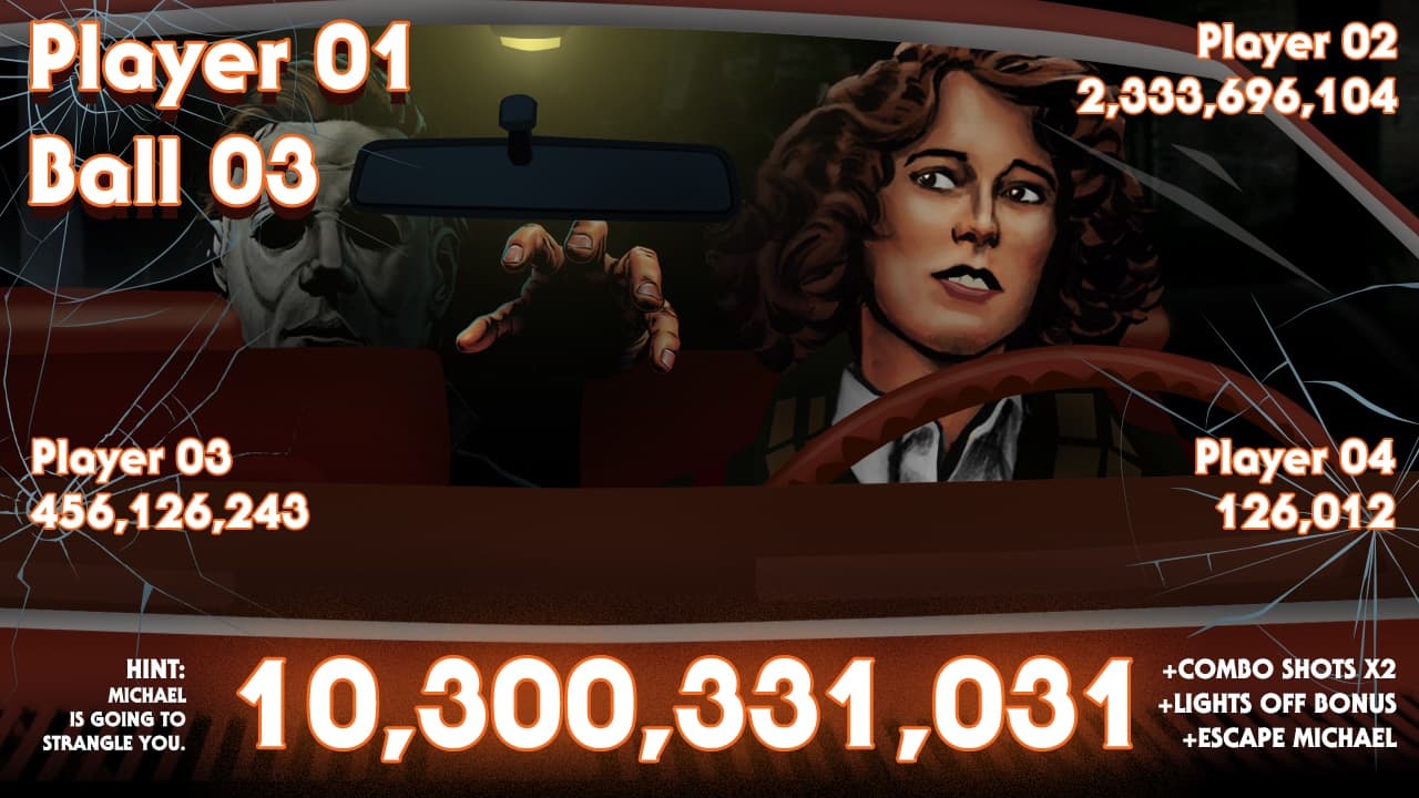 Game screen with broken glass, driver, mysterious figure, and player scores