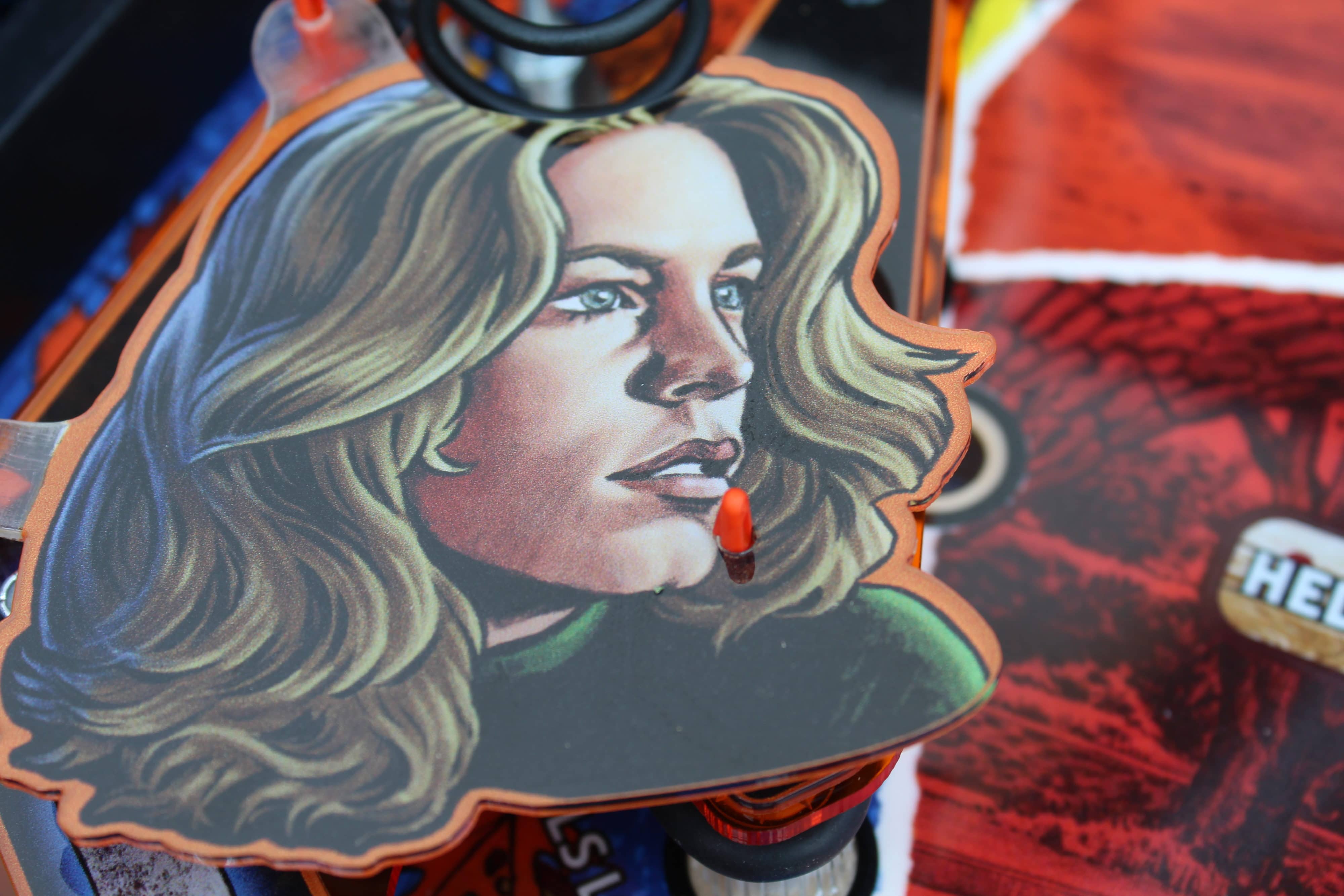 Comic-style portrait of a woman with wavy hair and orange background