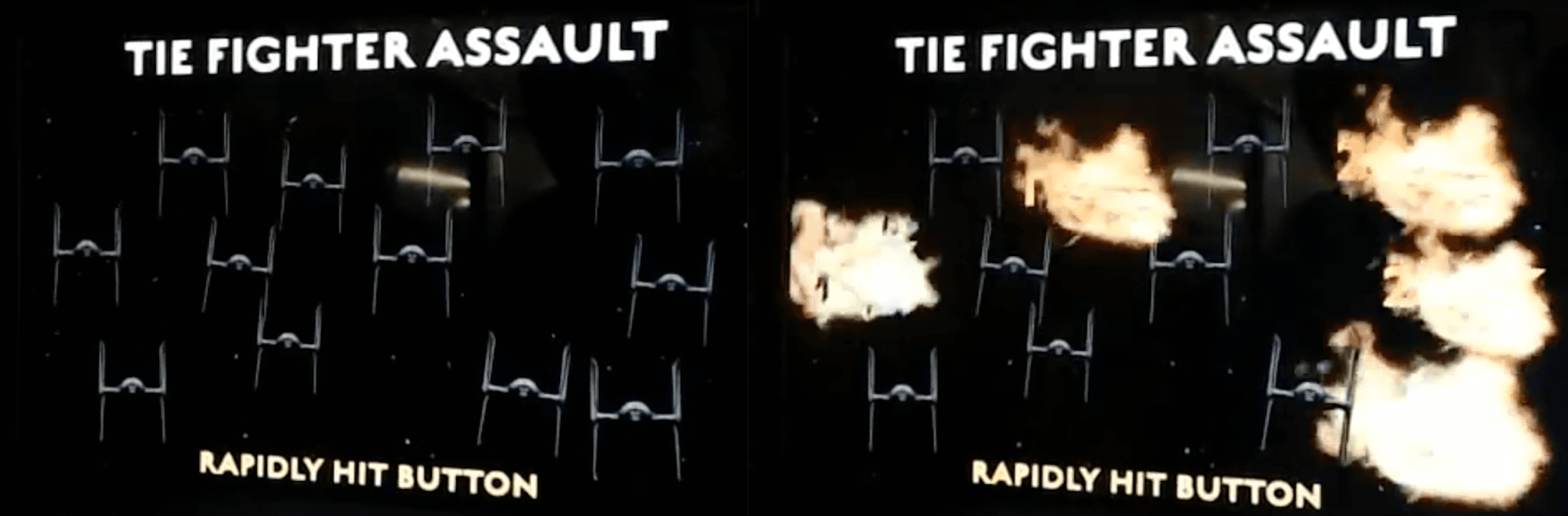 Star Wars TIE fighter assault screen with explosions and rapid hit button