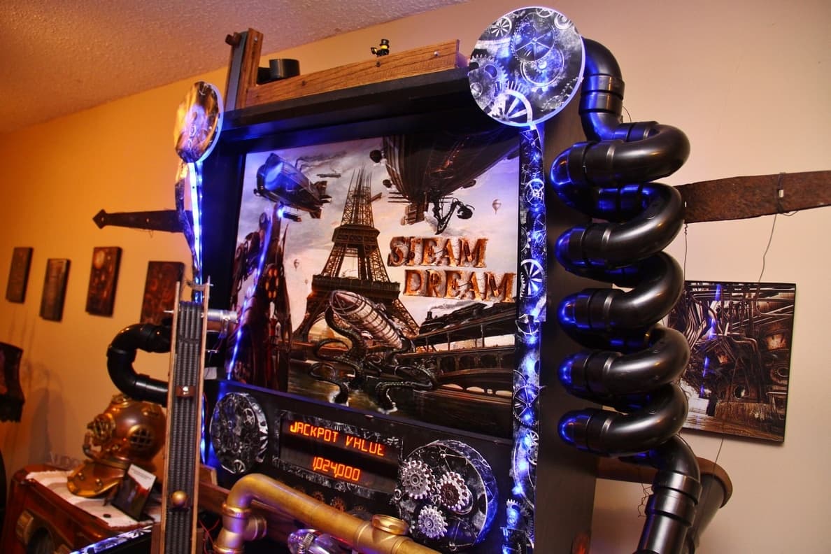 Steampunk-inspired art piece with Eiffel Tower and mechanical gears