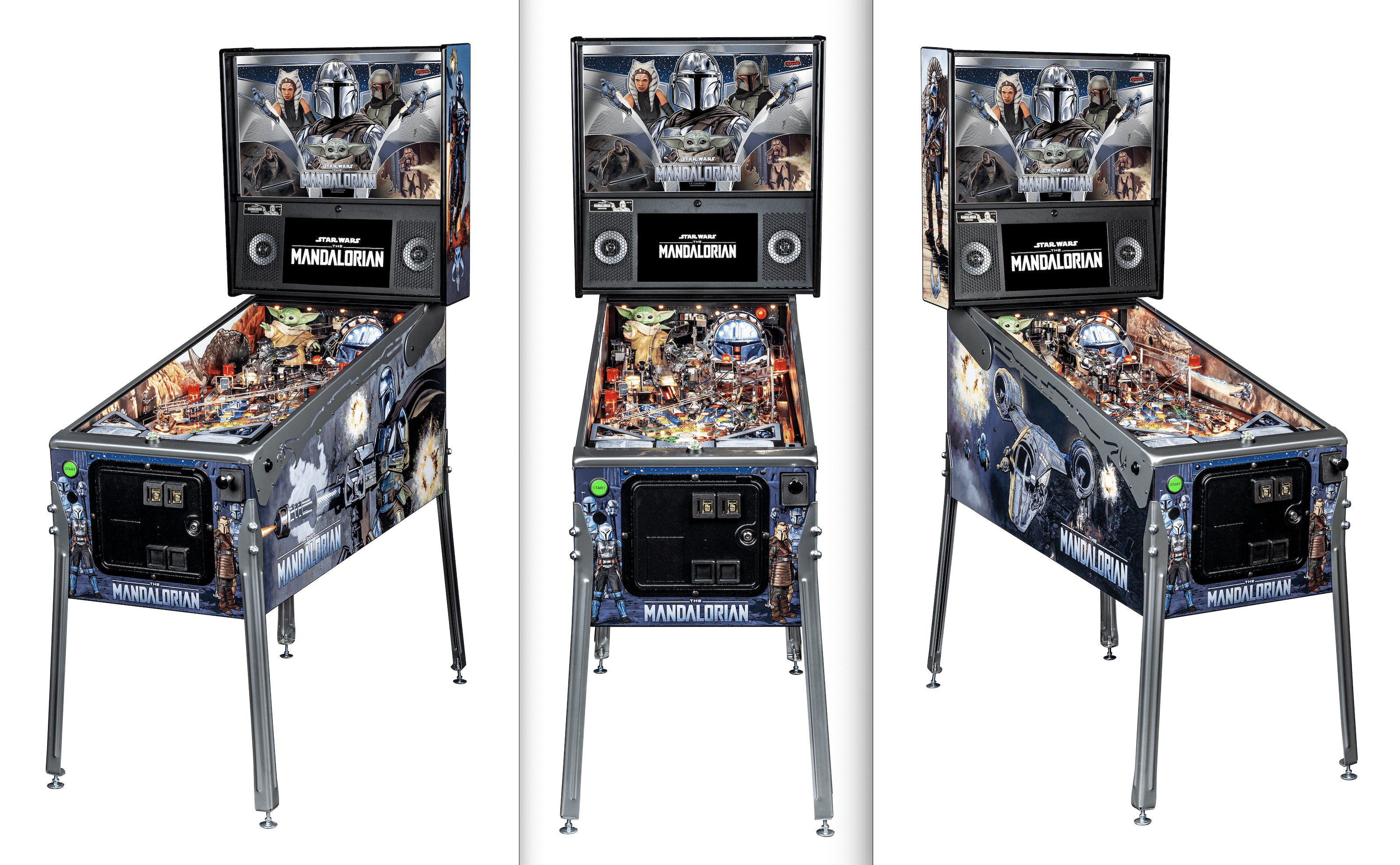 Star Wars Mandalorian themed pinball machine from multiple angles