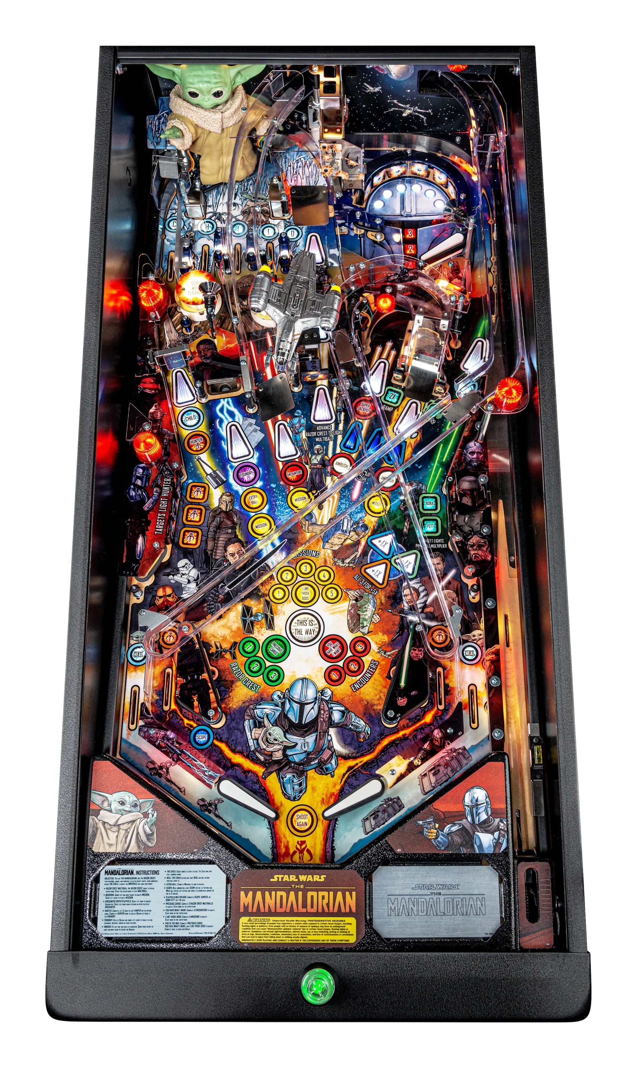 Star Wars Mandalorian-themed pinball machine with colorful characters and designs