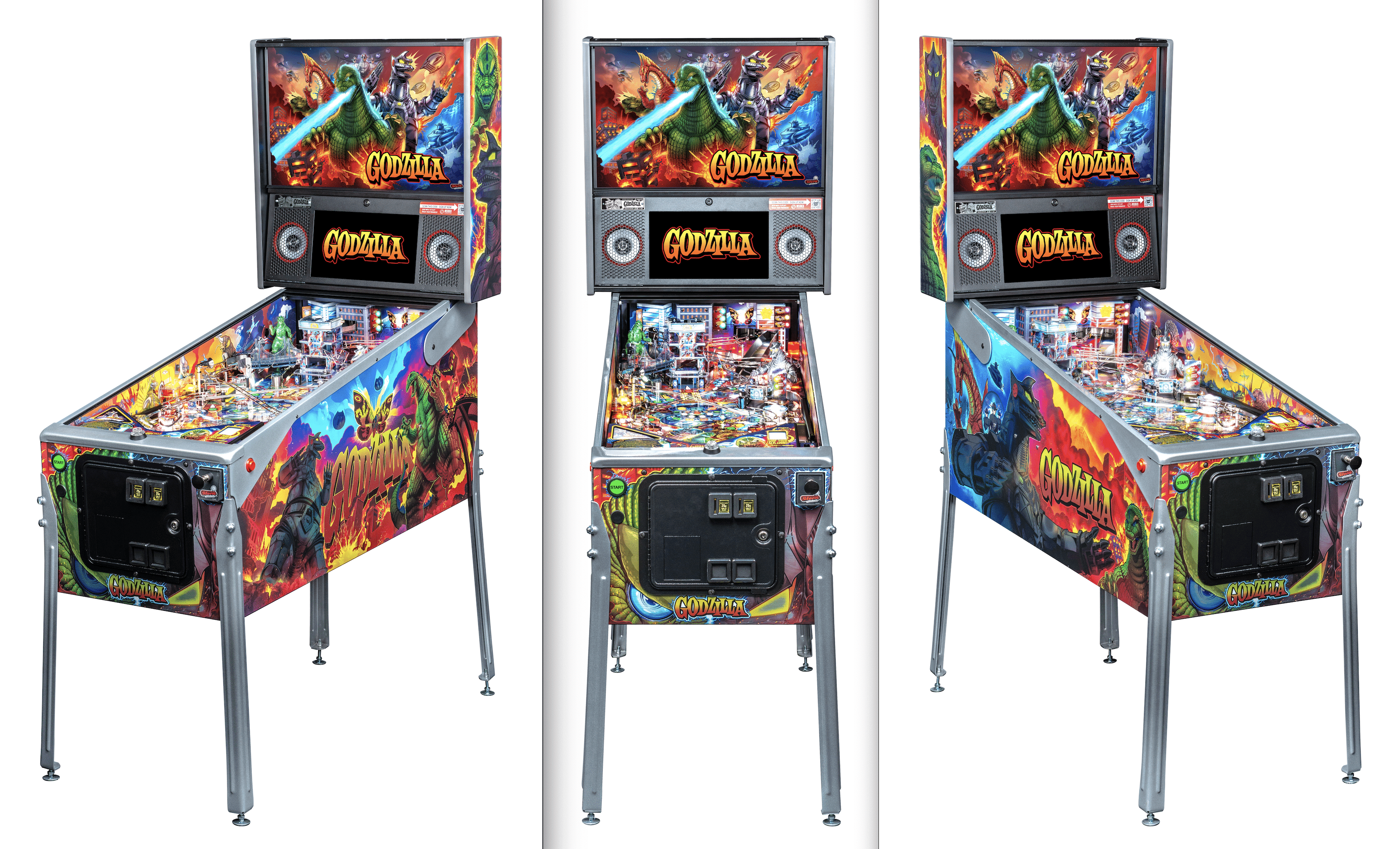 Godzilla-themed pinball machine with colorful monster artwork and playfield