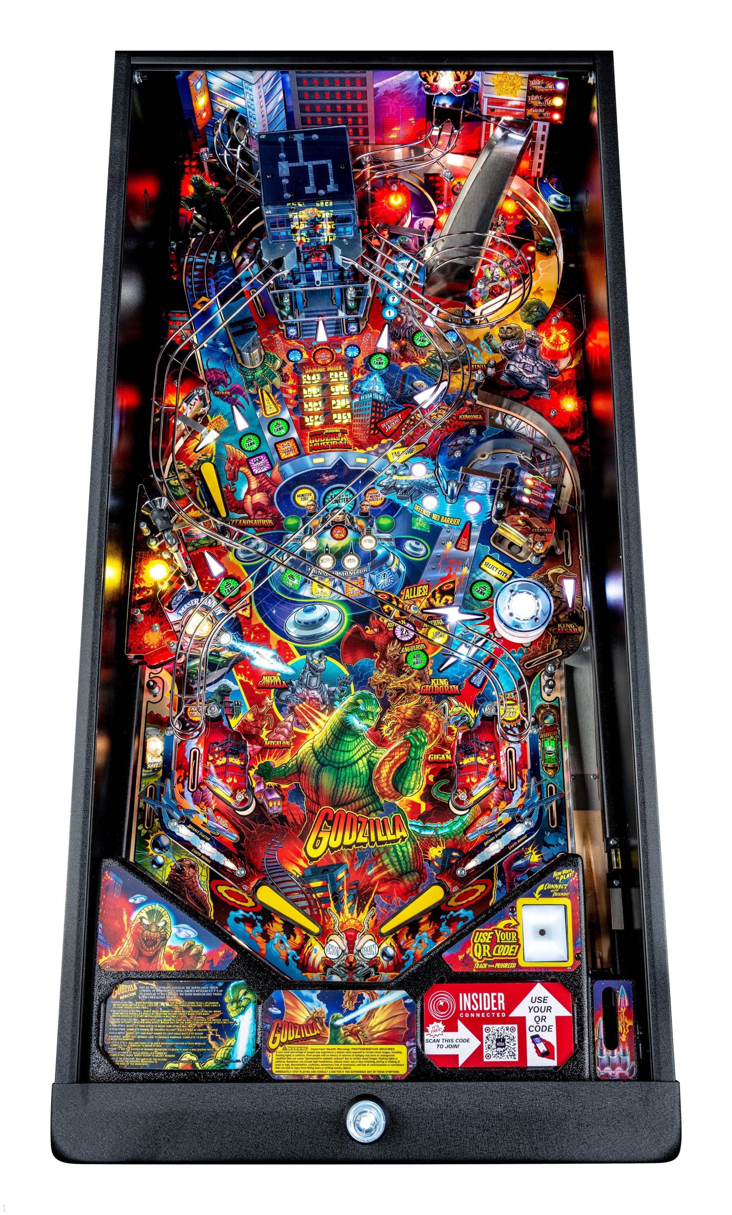 Colorful Godzilla-themed pinball machine with intricate city and monster design