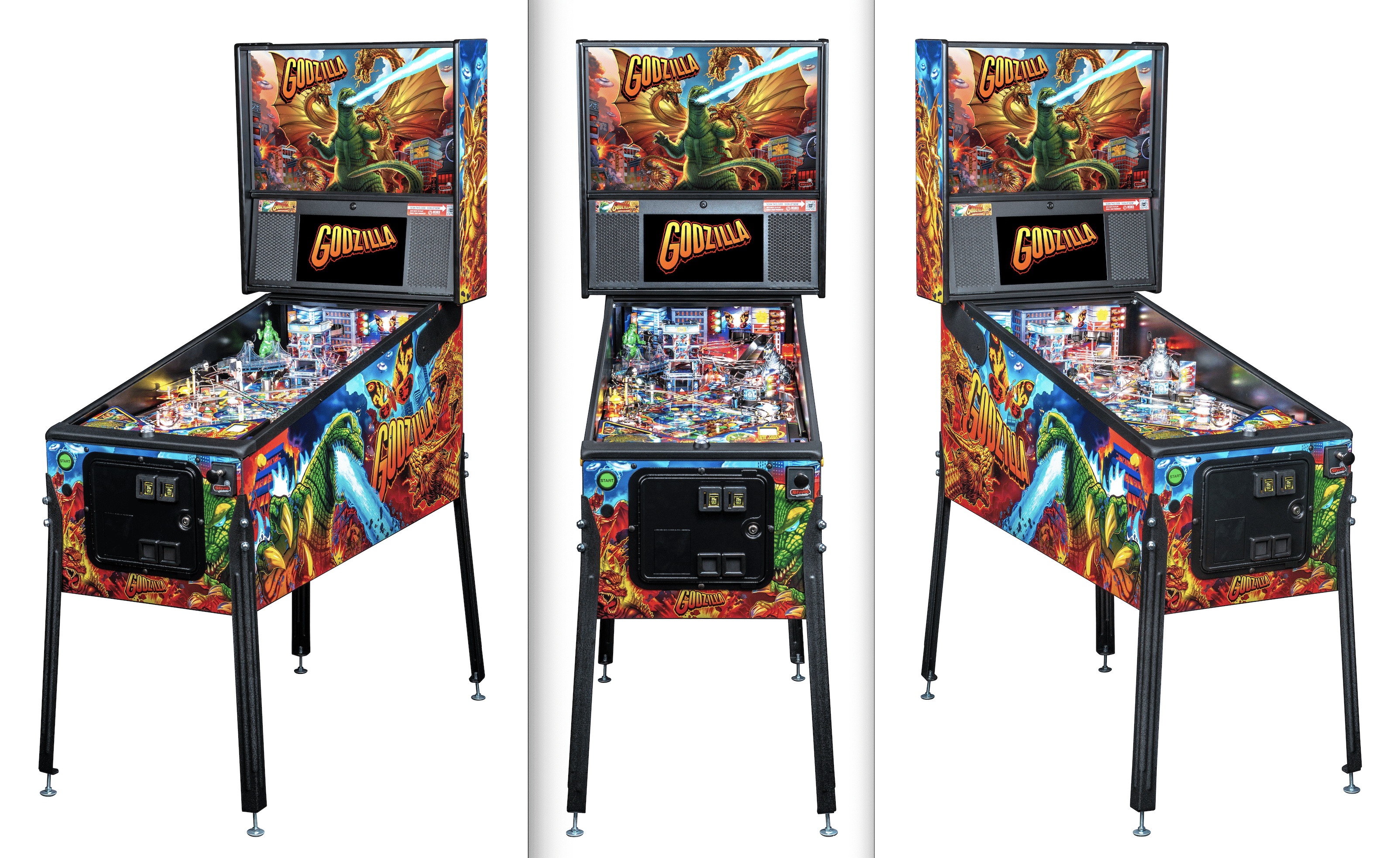 Godzilla-themed pinball machine with colorful monster battle artwork