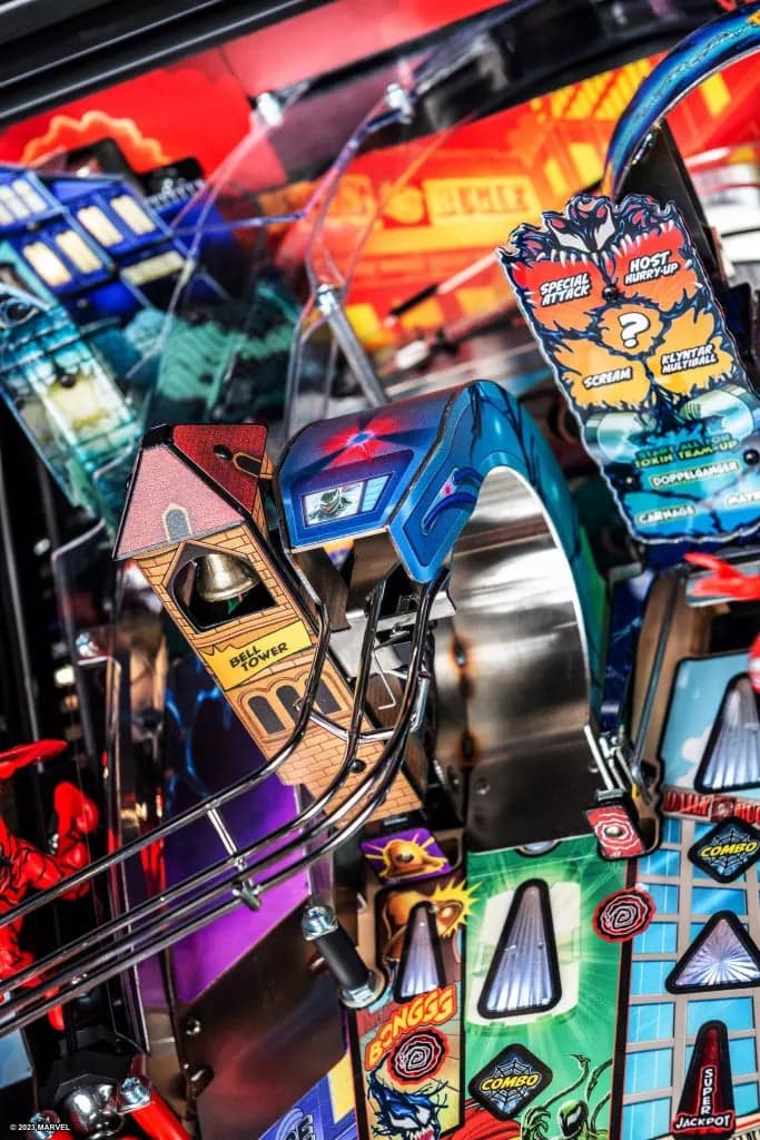 Colorful pinball machine with vibrant playfield and themed game elements