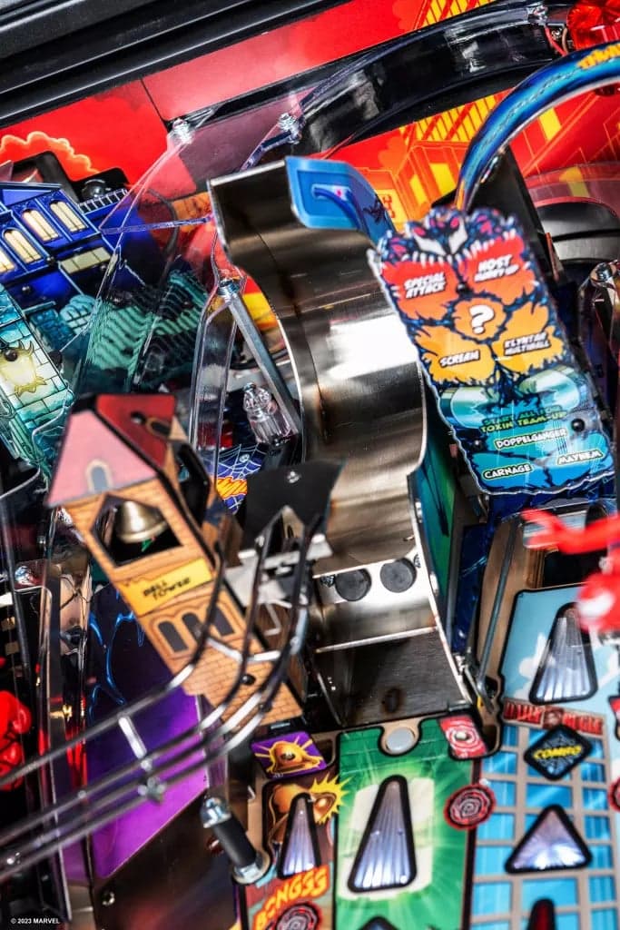 Colorful pinball machine with detailed graphics and mechanical components