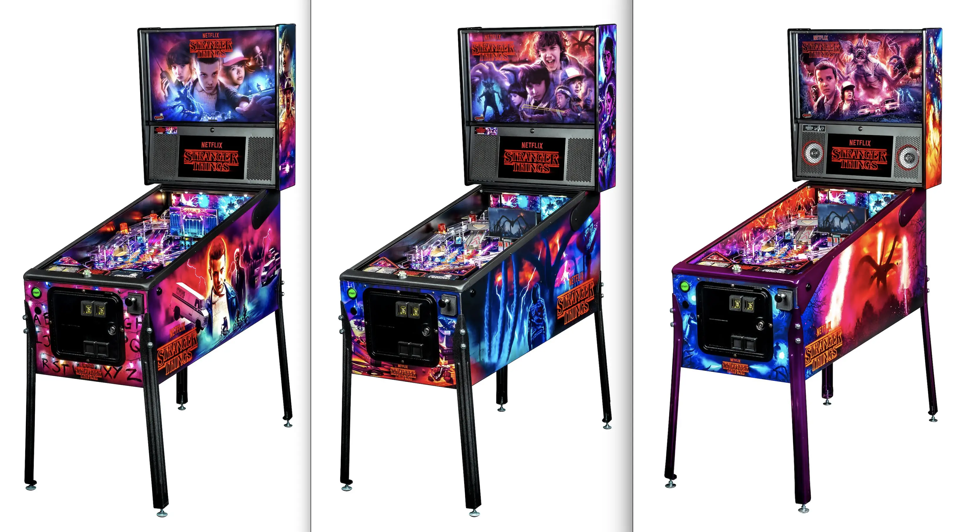 Stranger Things pinball machine with colorful artwork and characters