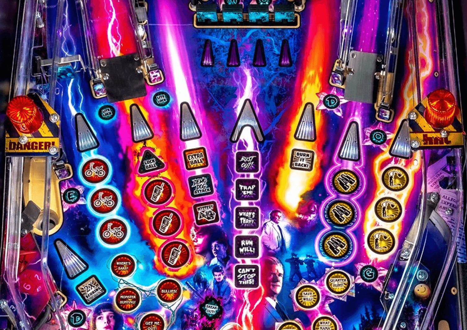 Colorful Stranger Things pinball machine with vibrant game board and characters