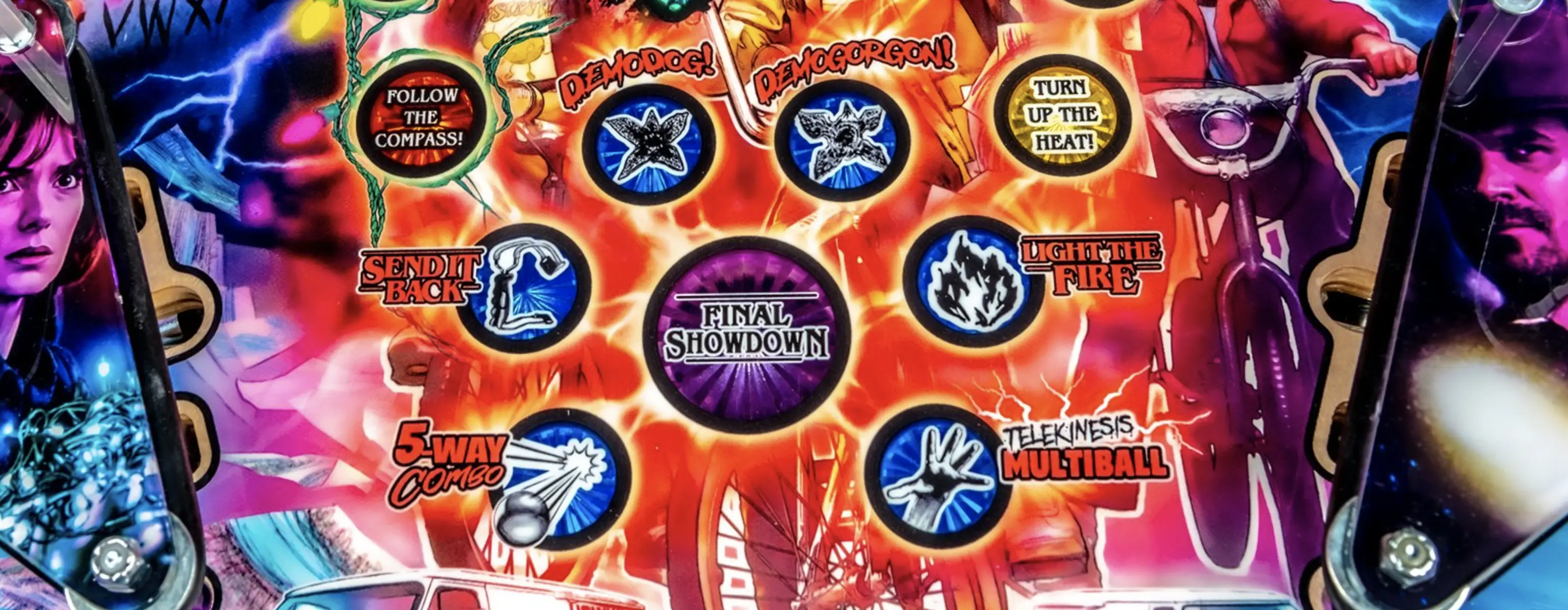 Colorful pinball machine backglass with Stranger Things themed gameplay buttons