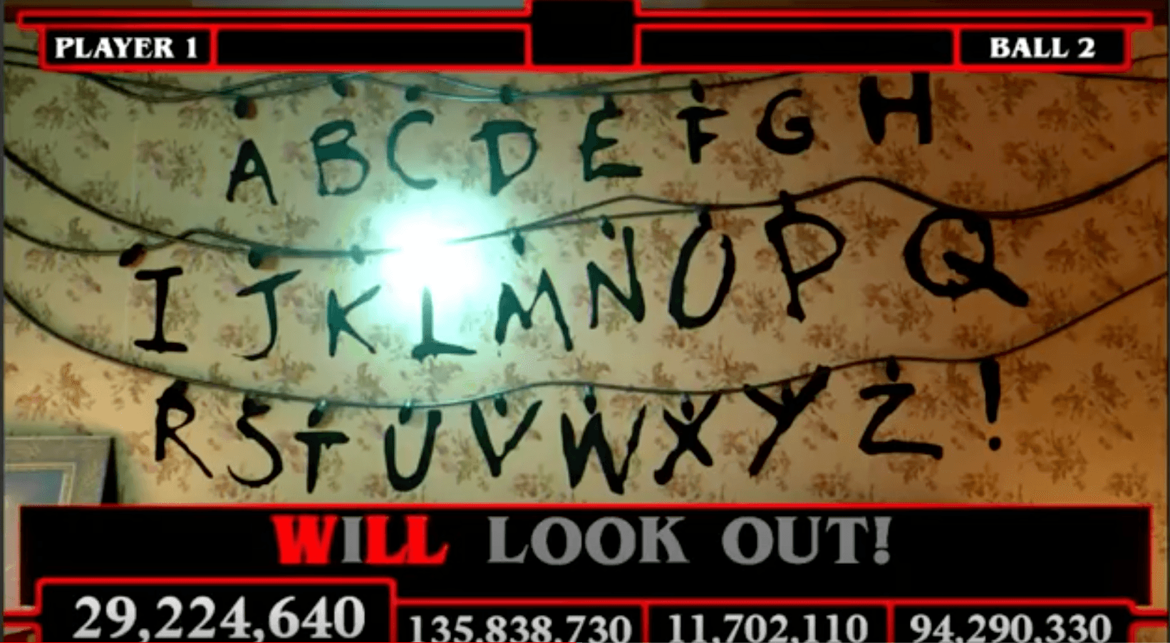 Stranger Things alphabet wall with Christmas lights communicating with mysterious entity