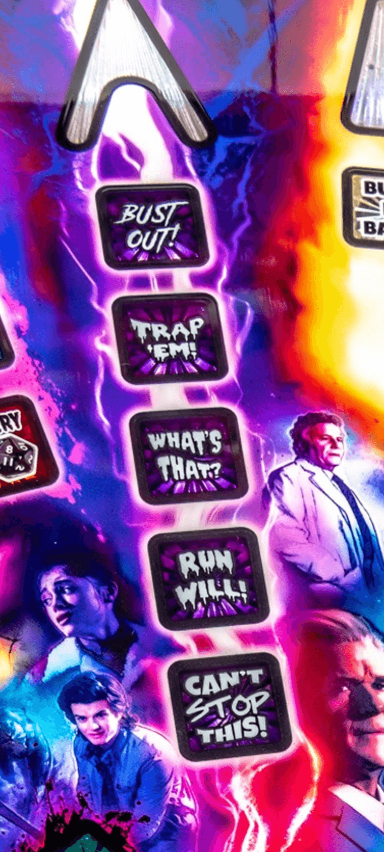 Stranger Things poster with electric purple lightning and action phrases