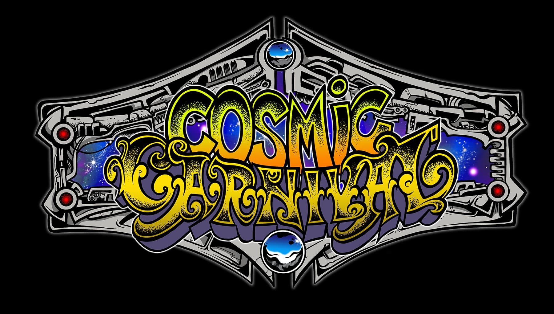 Cosmic Carnivale graffiti-style logo with space and mechanical elements