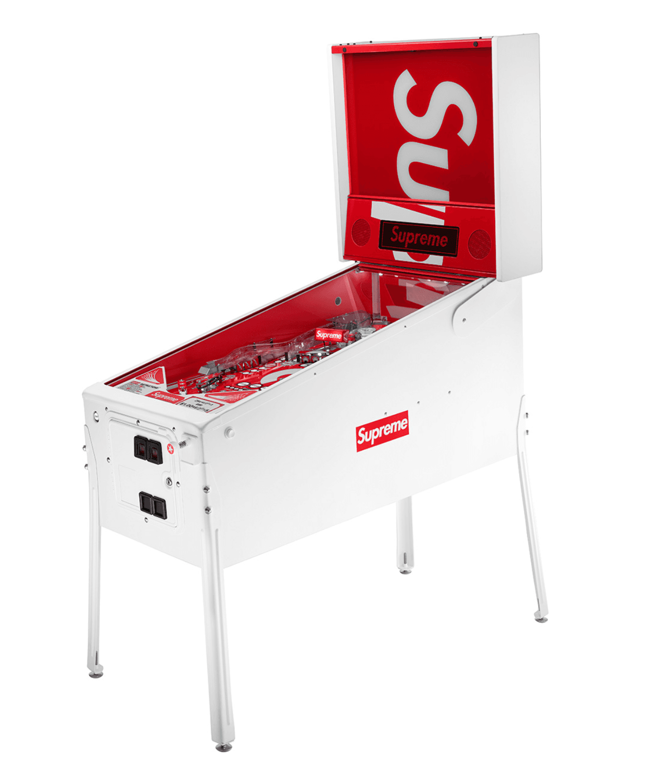 Supreme branded red and white pinball machine with logo