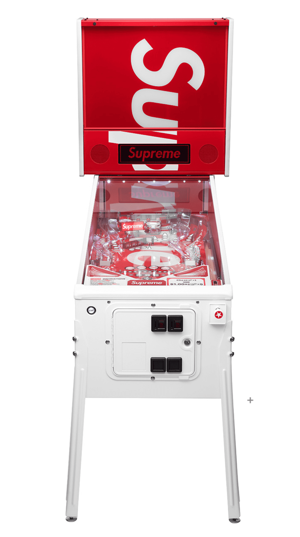 Supreme-branded pinball machine in white and red color scheme