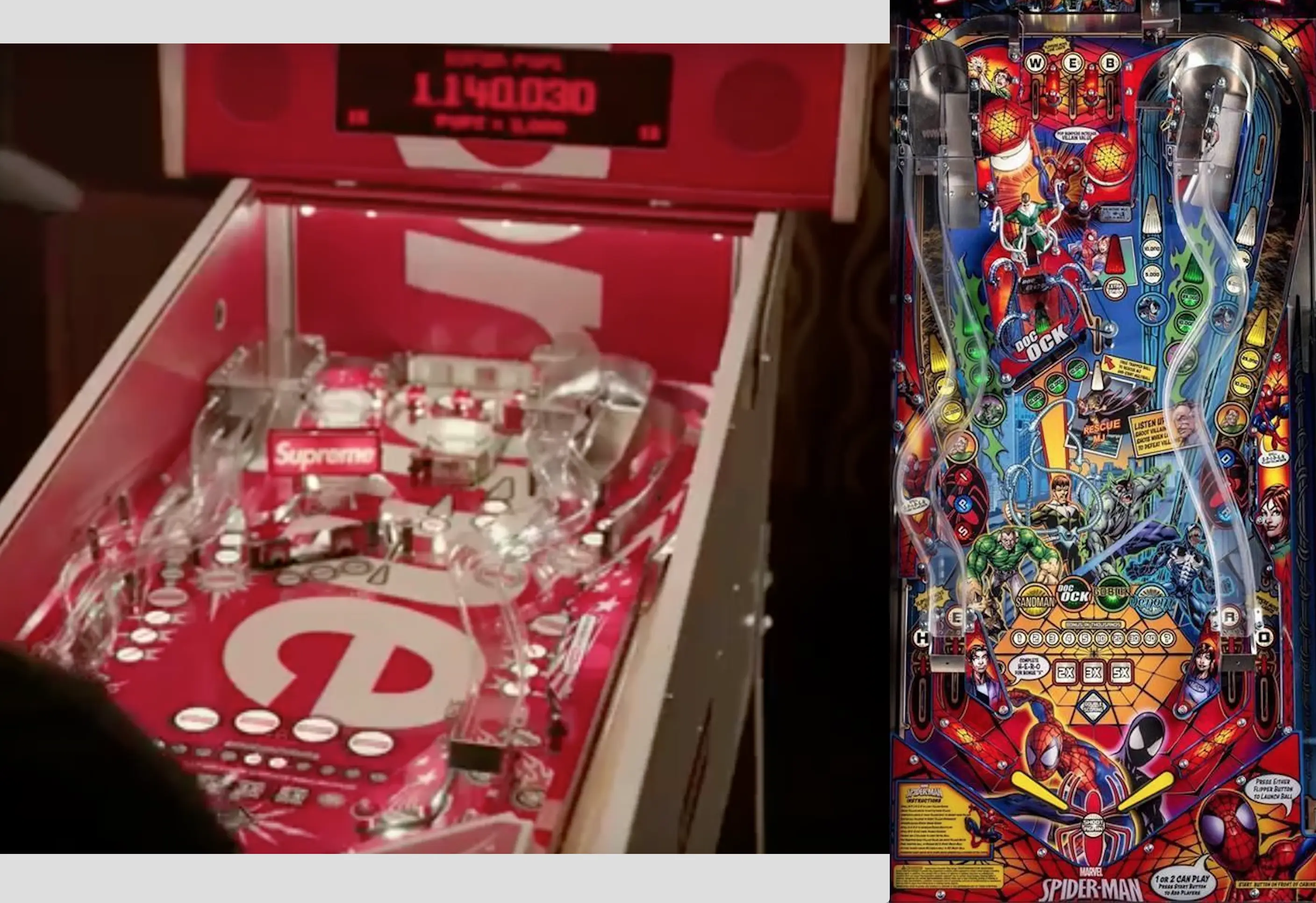 Supreme collectible box with red design next to Spider-Man pinball machine