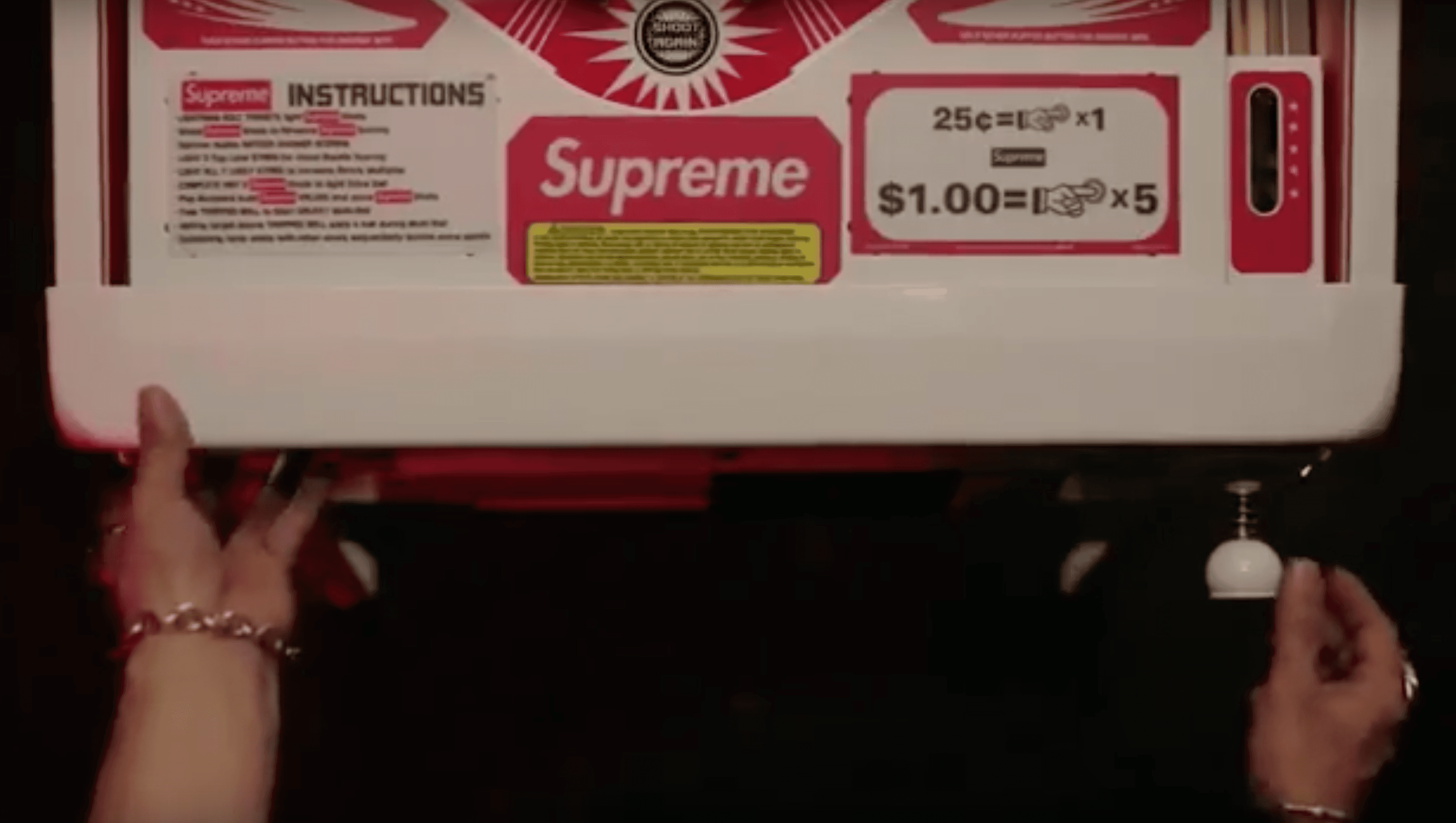 Supreme branded box with pricing and instructions in red and white