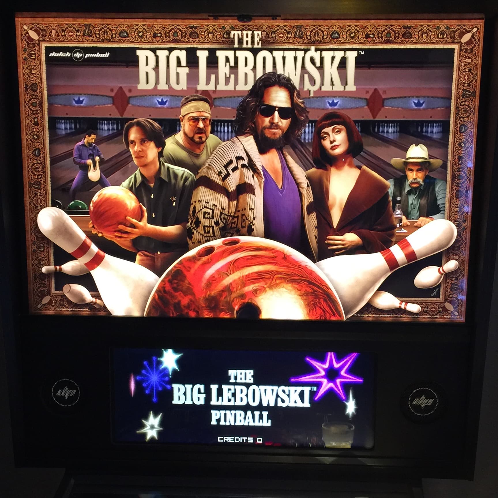 The Big Lebowski pinball machine with movie characters and bowling pins