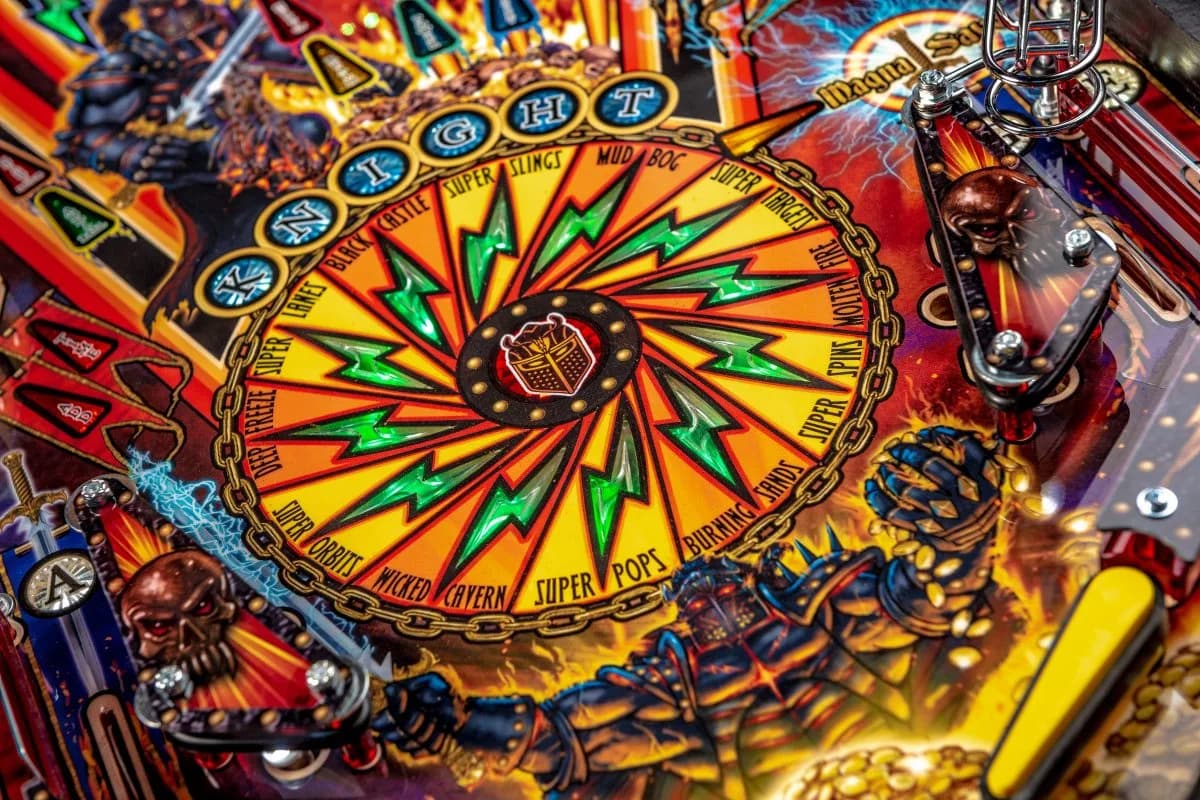 Colorful pinball machine wheel with lightning bolts and chain design