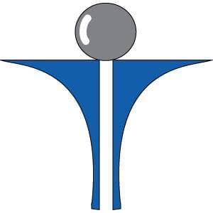 Stylized human figure with gray head and blue wings or limbs